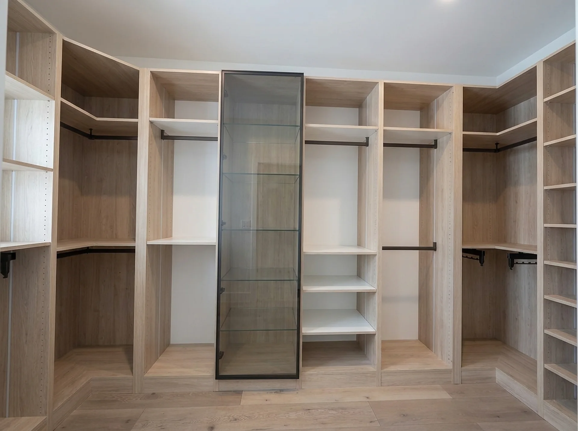 Corner closet cabinet joining two runs of shelving