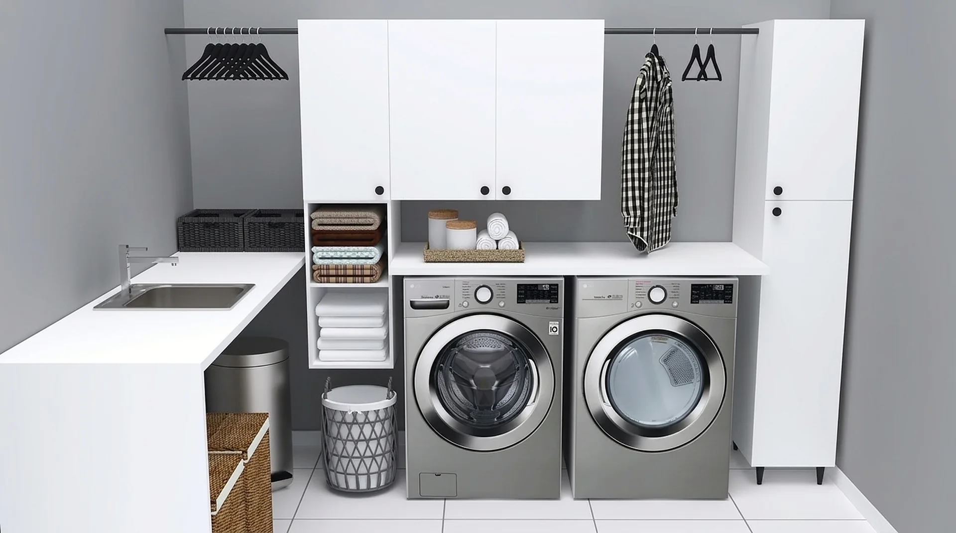 White laundry and utility closet with wall cabinets, tall pantry and hanging rail