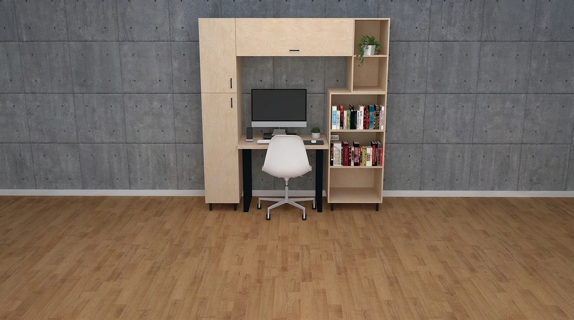 Logwood grain home office closet with desk, upper cabinet and bookcase