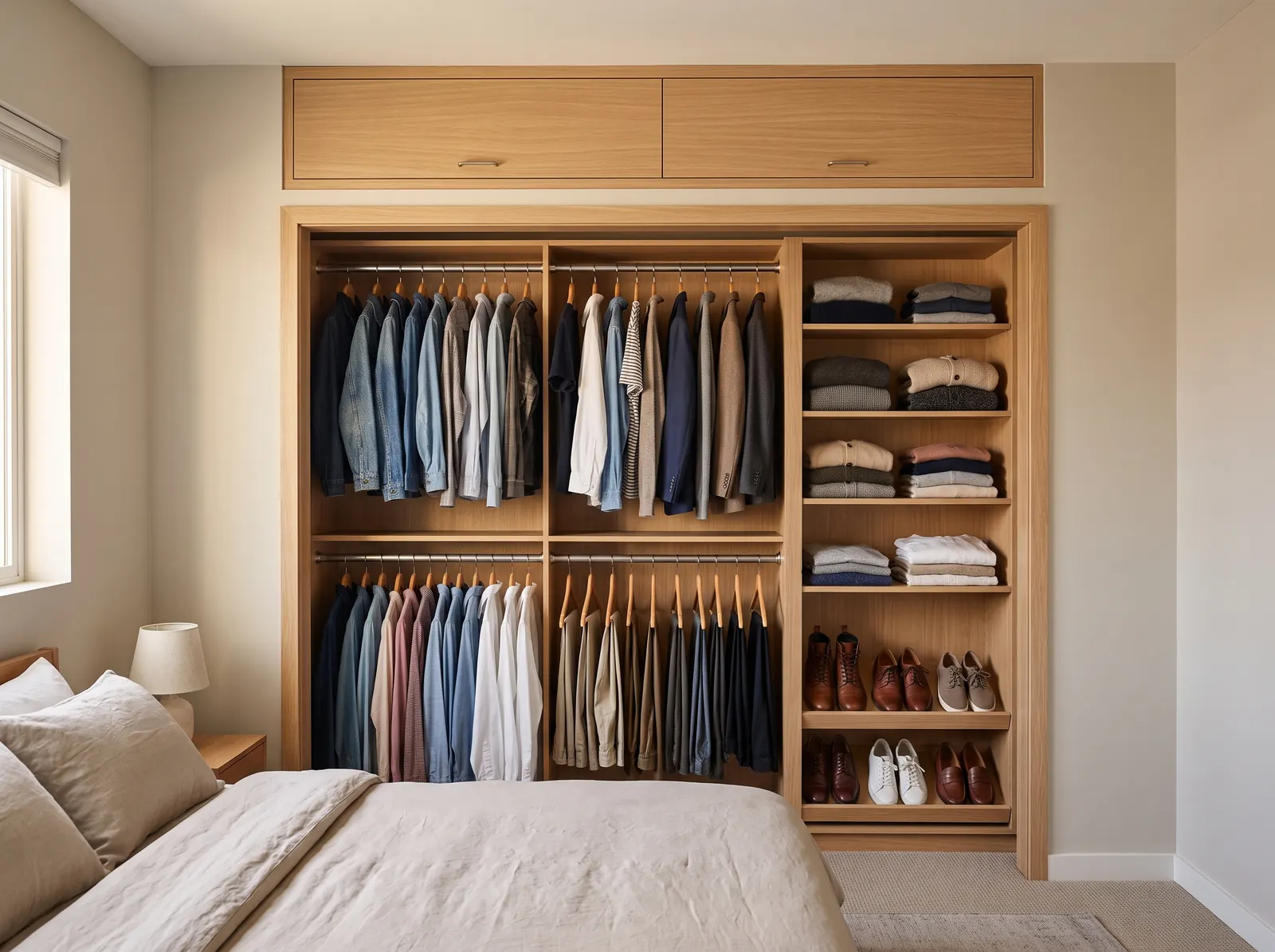 Reach-in closet design visualization: double hanging and a shelf tower in Natural Oak wood grain behind a doorless trimmed bedroom opening, with a closed ceiling cabinet above