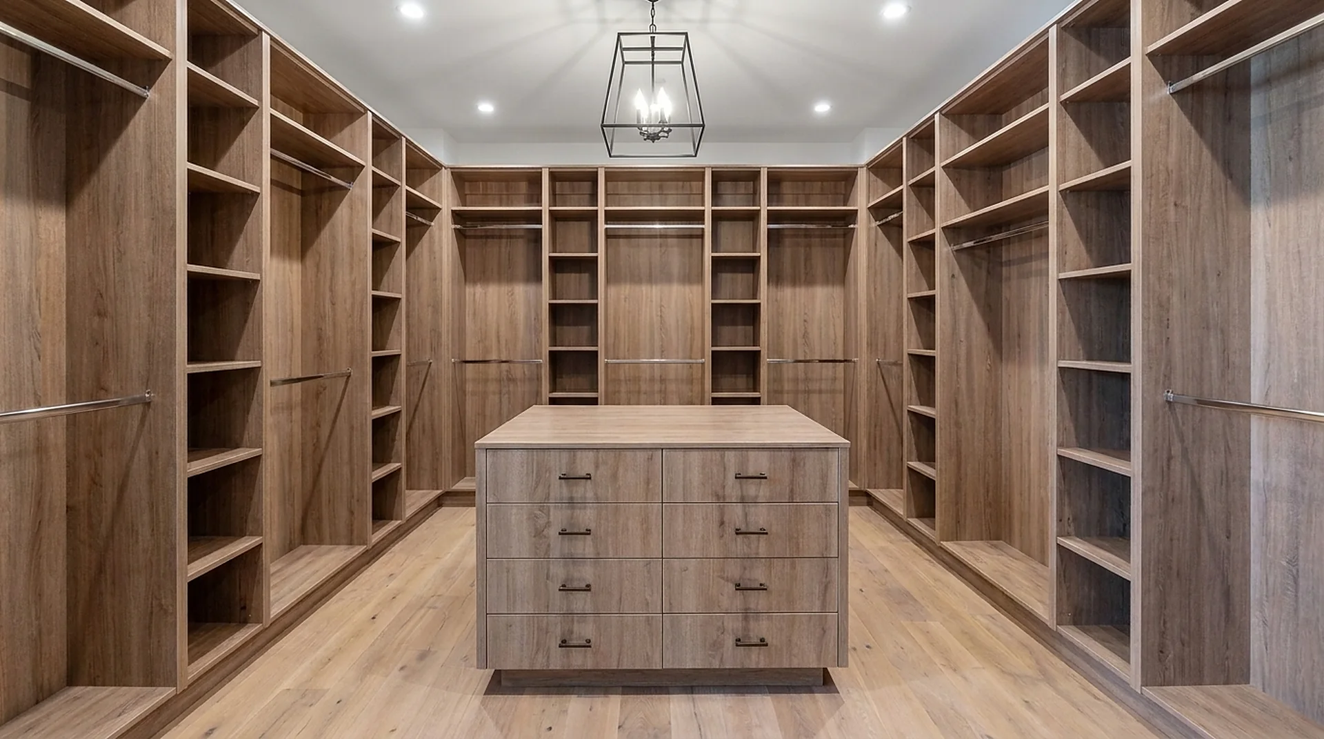 Walk-in custom closet with a 60-inch drawer base island in natural oak melamine