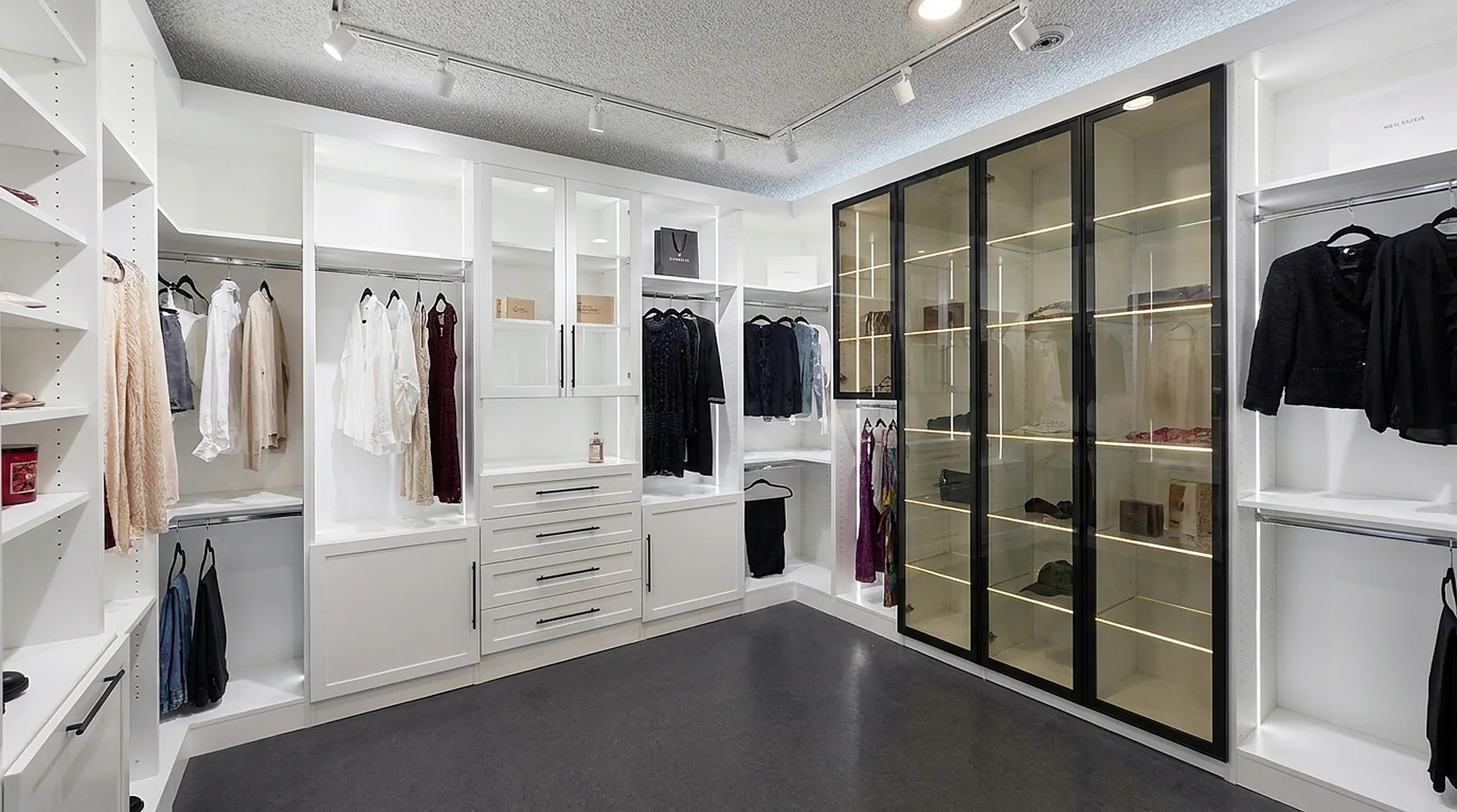 White custom closet with glass display doors, drawer bank and open shelving