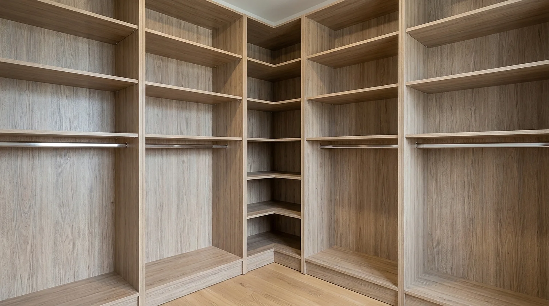 Corner closet unit installed in a walk-in closet