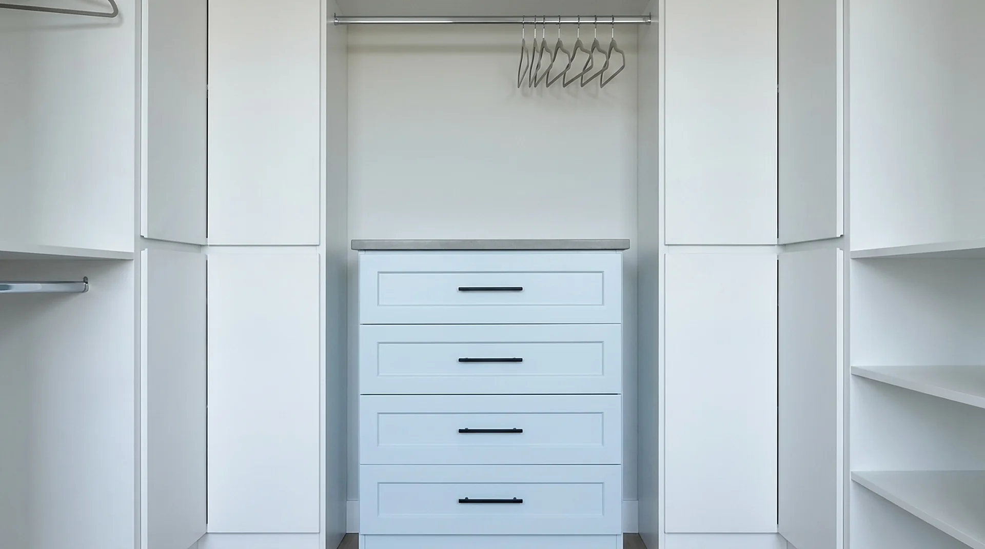 Closet drawer base cabinet installed in a walk-in closet