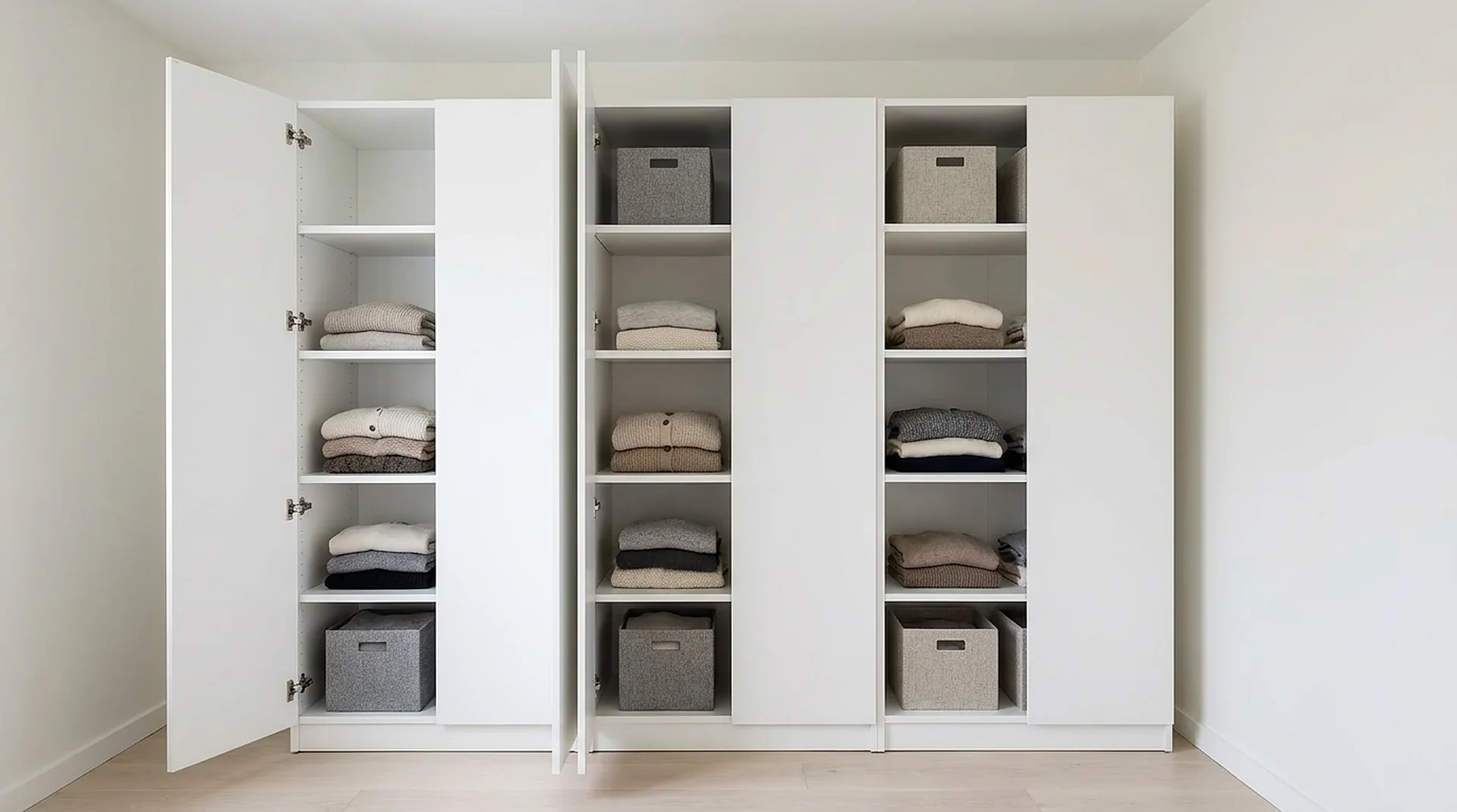 Shelf closet towers installed in a finished walk-in closet