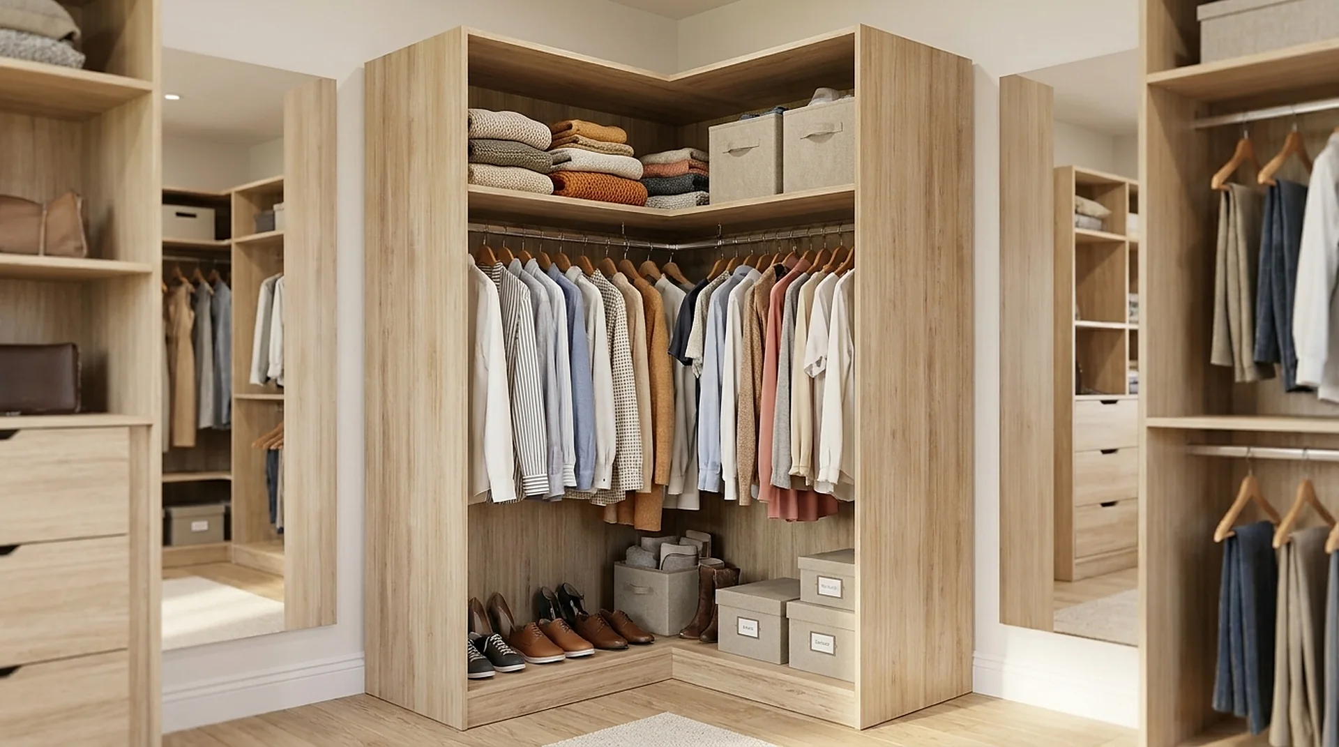Corner Closet styled with clothing and accessories in use