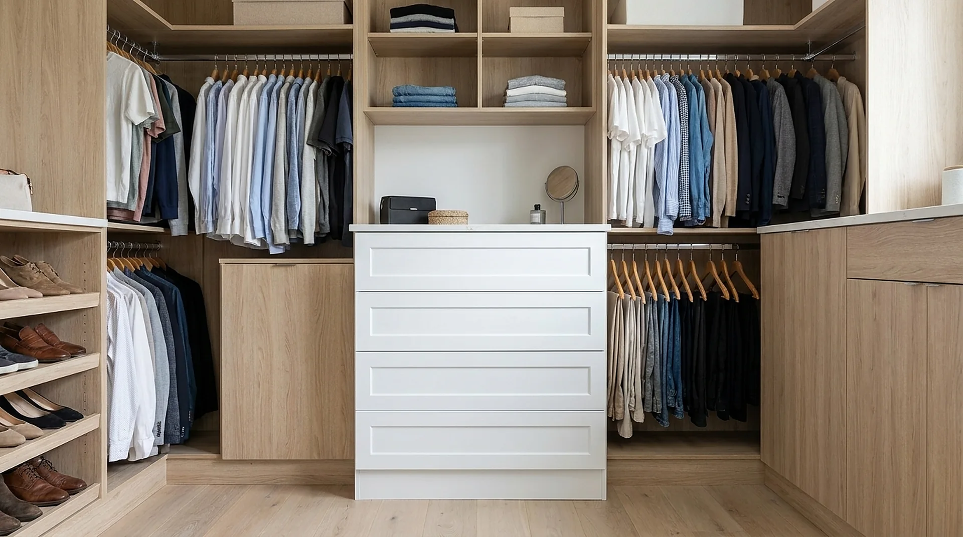 Closet Drawer Base Cabinet built into a finished walk-in closet