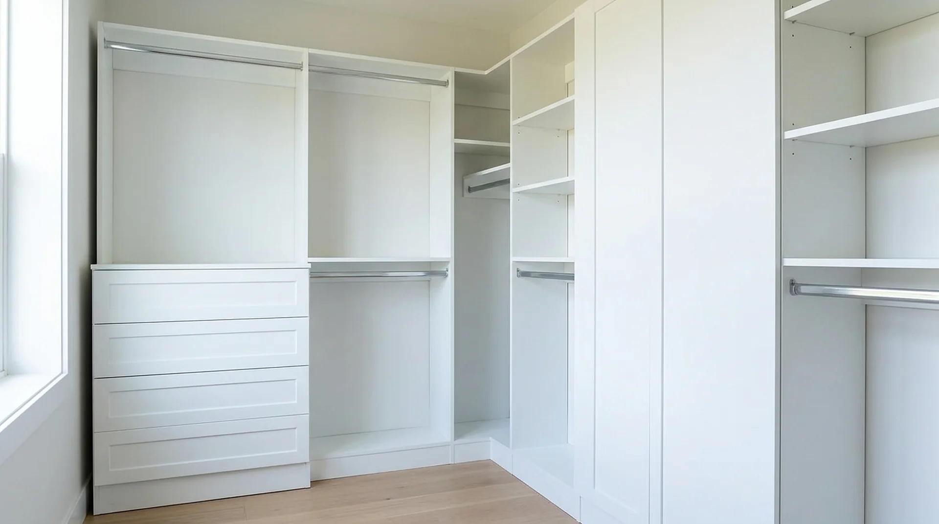 Closet Drawer Base Cabinet in a white custom closet room