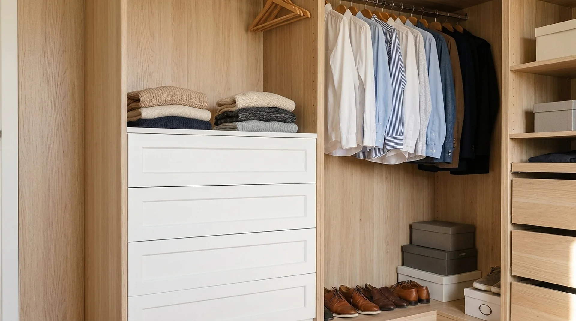 Closet Drawer Base Cabinet styled with clothing and accessories in use