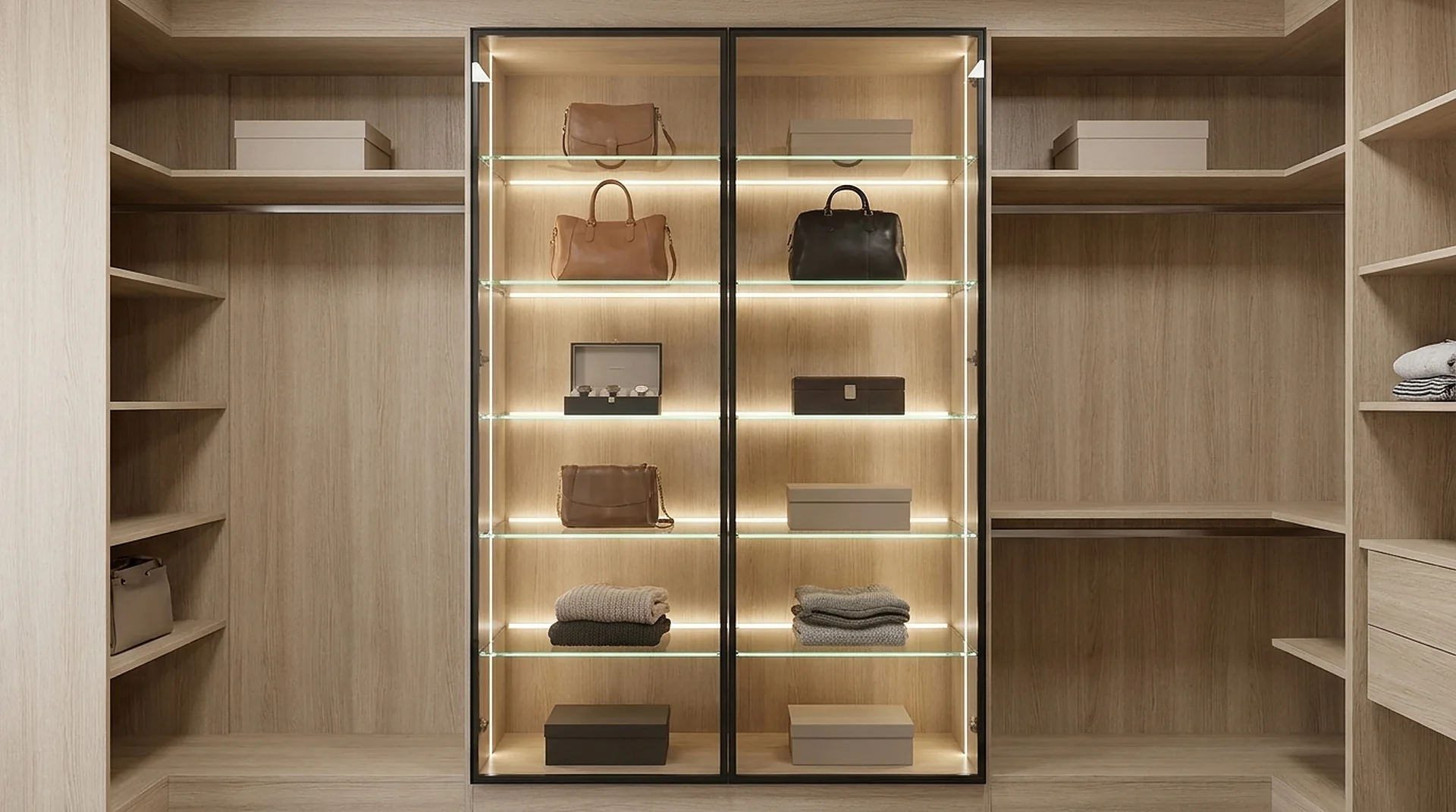 Glass Door Display Cabinet built into a finished walk-in closet
