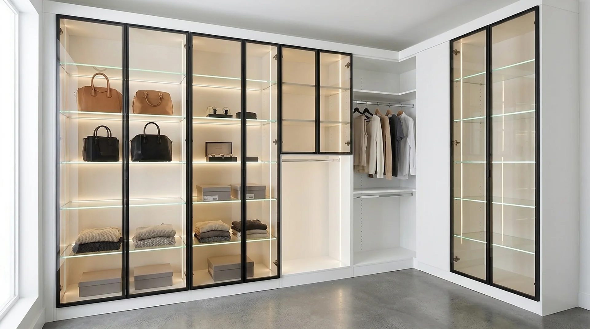 Glass Door Display Cabinet in a white custom closet room
