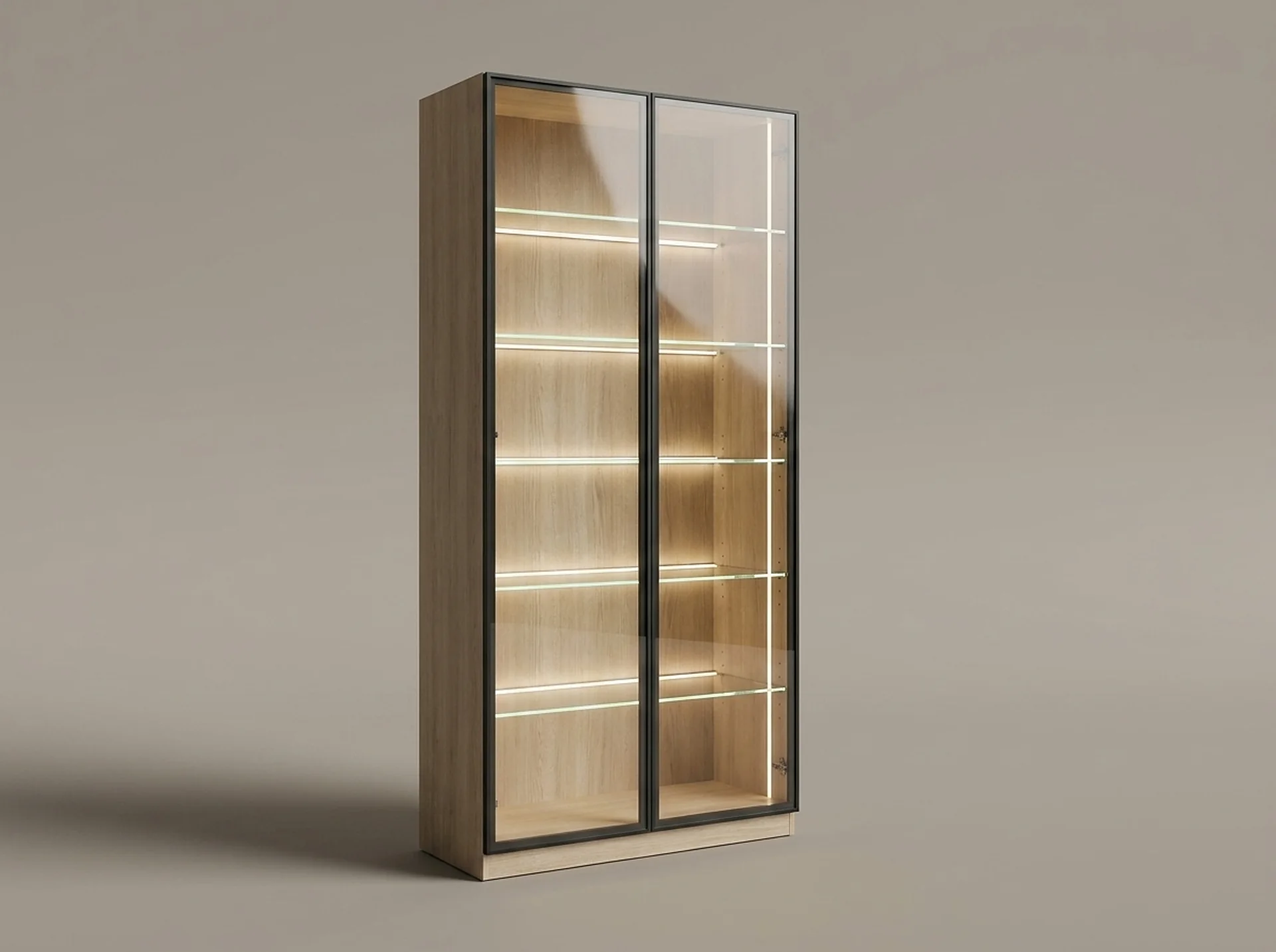 Glass Door Display Cabinet in cabinet-grade melamine, three-quarter view