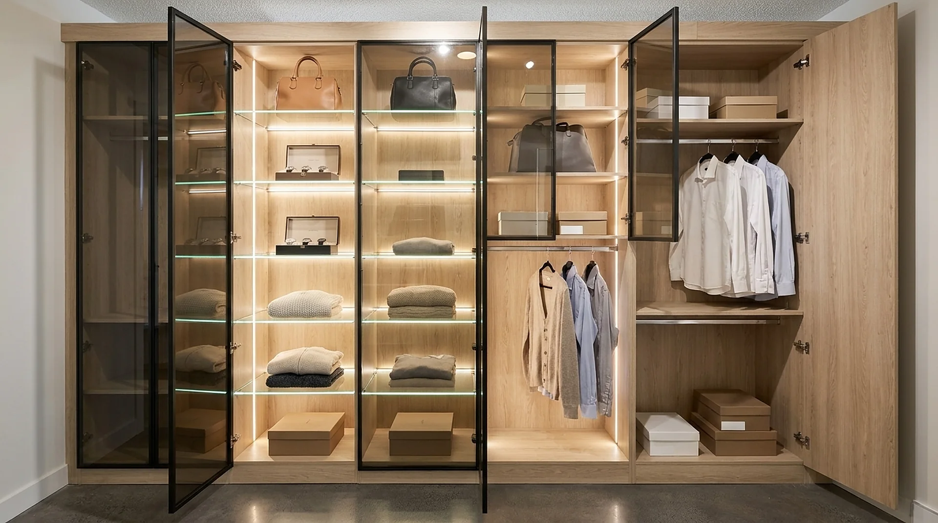 Glass Door Display Cabinet styled with clothing and accessories in use