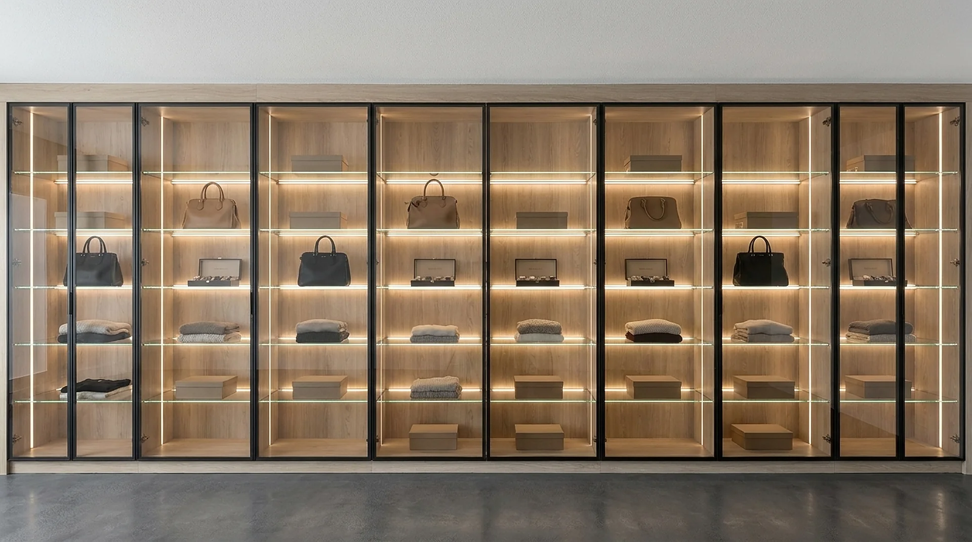 Glass Door Display Cabinet as part of a full-wall custom closet run