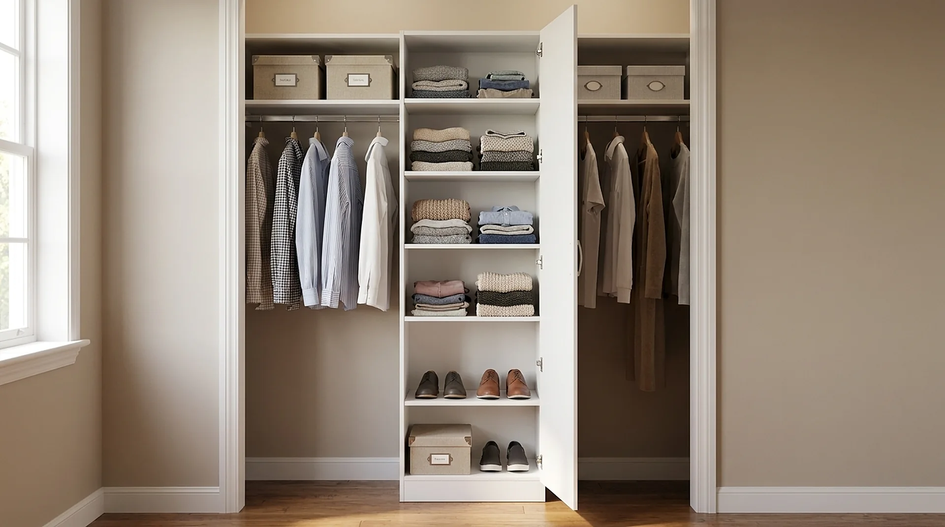 Shelf Closet Tower styled with clothing and accessories in use