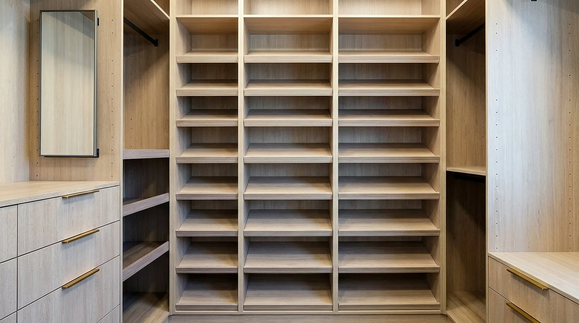 Shoe Rack built into a finished walk-in closet