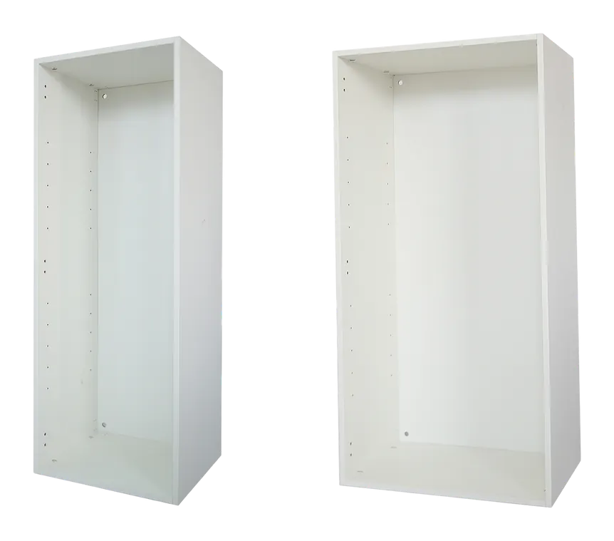 Single closet cabinet body in white melamine, three quarter view
