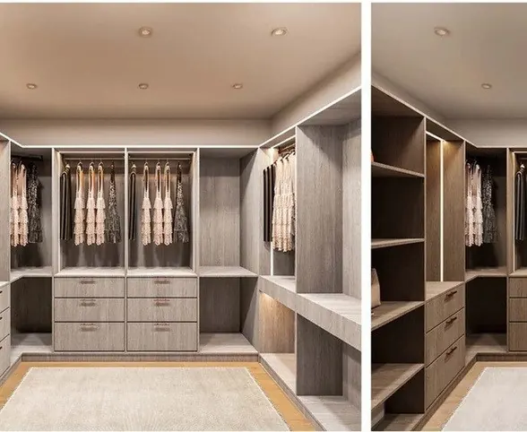 Custom walk-in closet in Downy Wood Grain melamine with LED-lit hanging sections